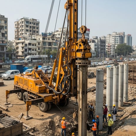 Micro piling rig drilling foundation supports at tight urban infrastructure site in navi mumbai