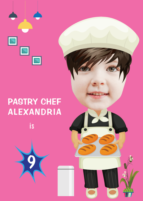 a cartoon character with a chef hat and a pastry