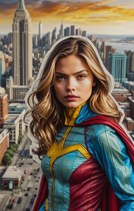 Portrait photo transformed into a woman in a superhero costume standing in front of a cityscapepe