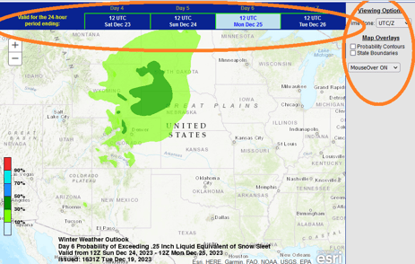 Sample NOAA WPC 4 to 7 day snow/sleet probability map to show where map options are located above and to the right of map.