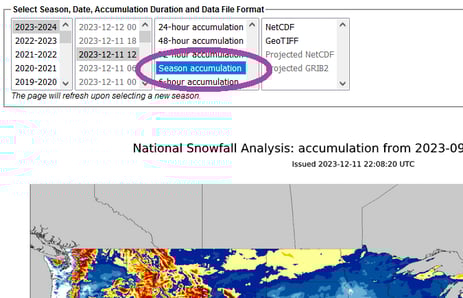 NOAA seasonal snow total web portal screen shot with season accumulation option circled so that may be loaded on the map.