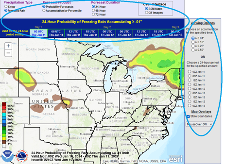 Sample screenshot of WPC interactive map with selectable options encircled for freezing rain. 