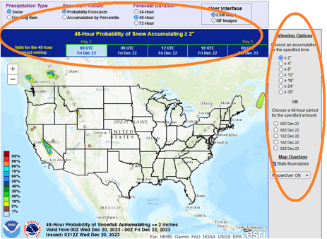 NOAA WPC 3-day snow/sleet interactive map screenshot with map options location circled above and to right of map.