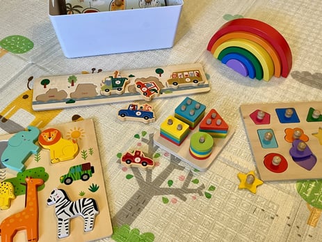 Develop cognitive and fine motor skills with a large selection of wooden puzzles.