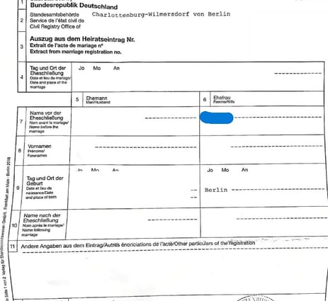 Traducción jurada del alemán al español de certificado de matrimonio / Eheurkunde / Heiratsurkunde