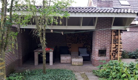 Een terras met kachel