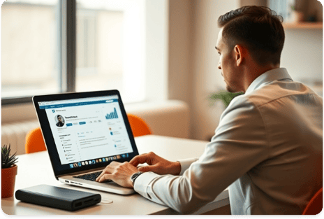 A man sitting at a desk with a laptop, a LinkedIn profile on his laptop screen.