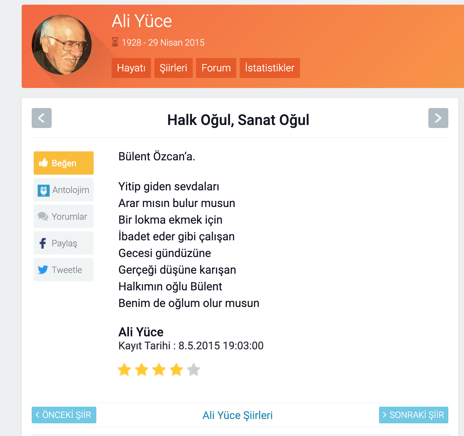 Halk Oğul Sanat Oğul, Bülent Özcan'a şiir, Ali YÜCE