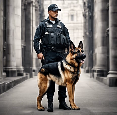 man in blue jacket walking with brown short coated dog on street during daytime
