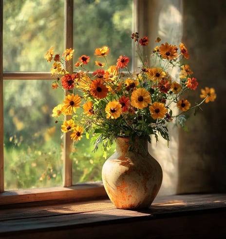 Een vaas met gele en oranje veldbloemen