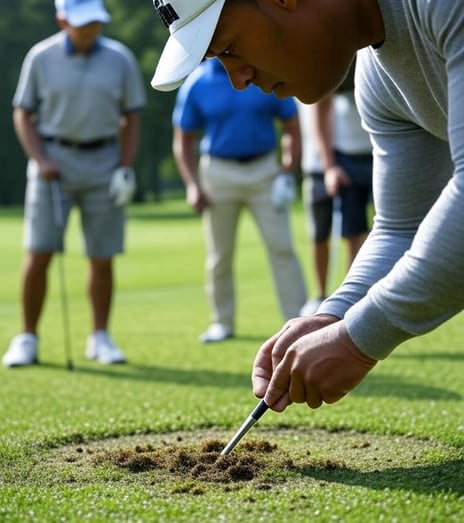 Golfer repairing divot on green as others observe, demonstrating proper golf etiquette and care.