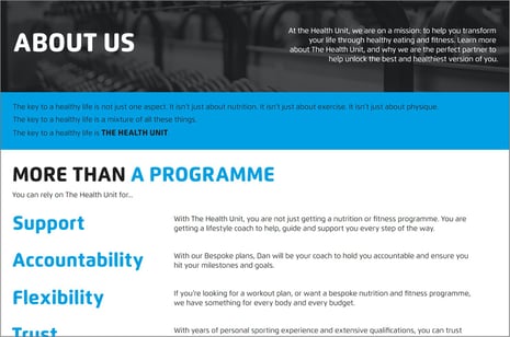 Screenshot of The Health Unit website copy