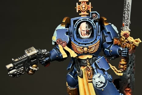 a high lvl queality terminator captain from warhammer 40k, he is a space marine from the ultramarine