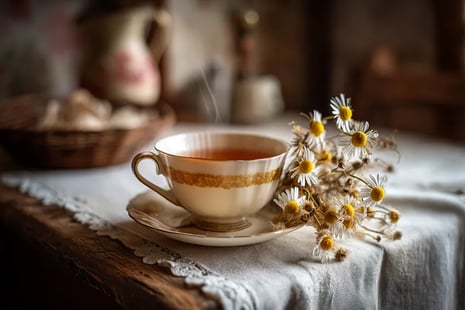uma xícara de chá de camomila com flores secas e outras frescas, mesa com uma toalha branca, com fundo suave e aconchegante.