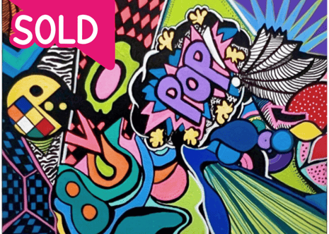 Recently sold, Pop Goes There My World, is a colorful painting by Frankie Cervantes. 