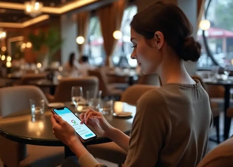 Mulher num restaurante a usar o smartphone para aceder a um serviço digital de pedidos ou reservas.