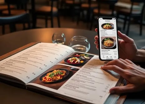 Cliente num restaurante a comparar o menu impresso com a versão digital no smartphone.