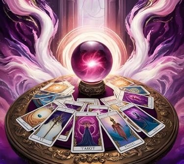 une table avec une boule de cristal et un tarot des cartes oracles