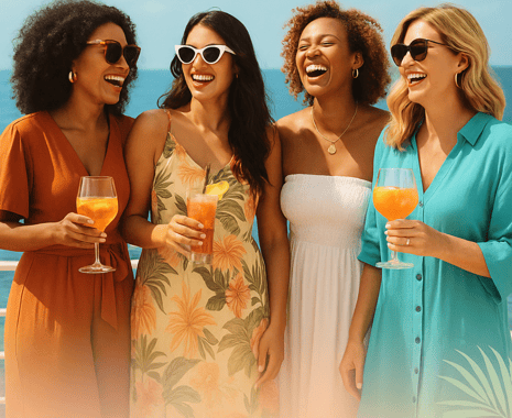 a group of women standing around a beach