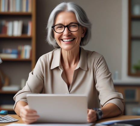 Smiling older woman with glasses holding a tablet, sitting in a cozy office with bookshelves.