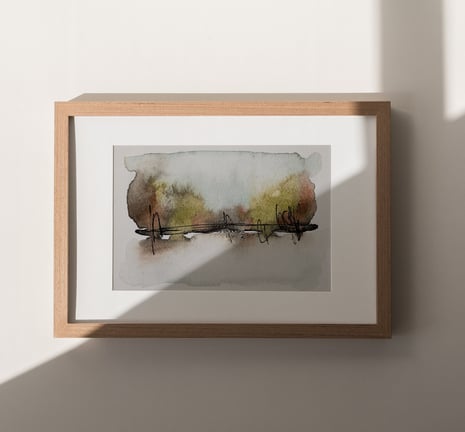 framed abstract landscape watercolor painting by Sweet Ruby Moon in warm natural light and wood frame