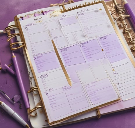 un cahier avec un bloc-notes et des stylos sur fond violet