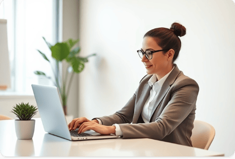 A woman in a suit and glasses is smiling and typing on a laptop