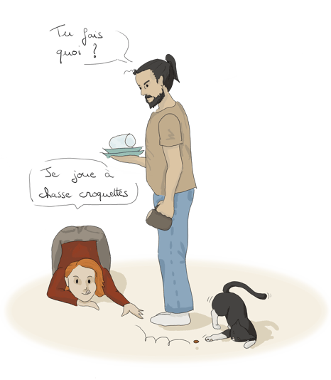 cartoon of a man talking to a woman playing with a cat