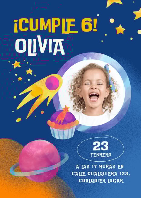 invitación a una fiesta de cumpleaños infantil con la foto de una niña