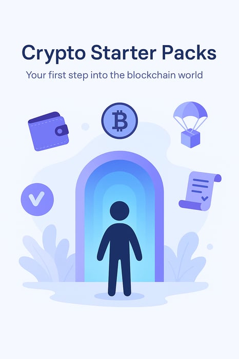O ChatGPT disse: Alt Text: A 2D digital illustration titled "Crypto Starter Packs" shows a dark blue