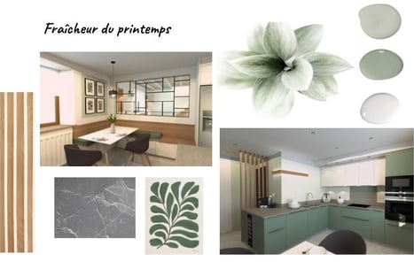 moodboard cuisine vert blanc chêne naturel