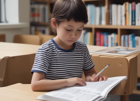 a young boy sitting at a desk with a pen and pencil