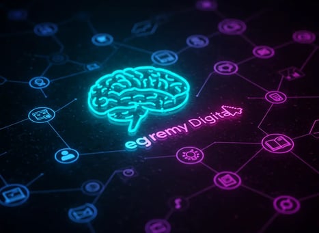 Icono de cerebro en neón sobre fondo oscuro con red de iconos de marketing digital (usuario, carrito, lupa, candado), Egremy 