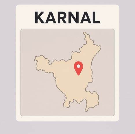 Karnal pinpointed on Haryana state map, indicating its geographic position.