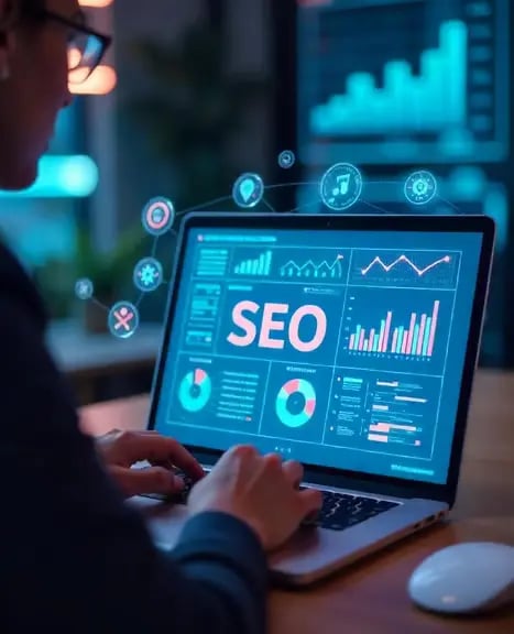 A man is working on laptop with SEO analytics
