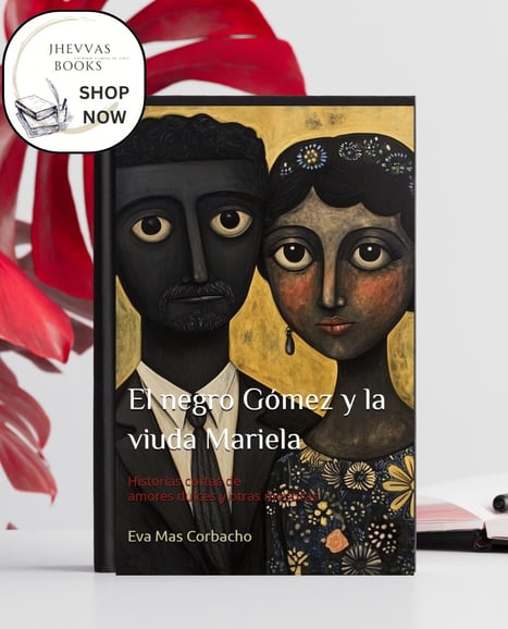 Portada del libro "El negro Gómez y la viuda Mariela" de Eva Mas Corbacho/Jhevva. Ilustración con es