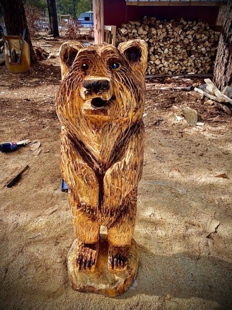 Handmade chainsaw carving of a bear made from beetle kill pine in Pagosa Springs, CO  