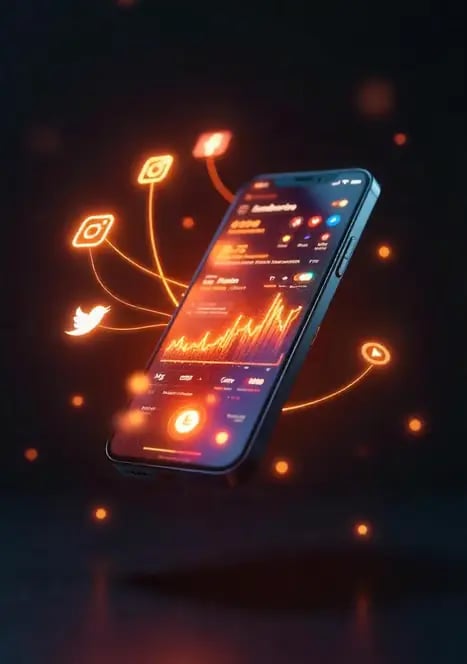 A mobile is floating in air with social media icons