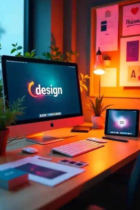 A computer screen with a logo and written design on it