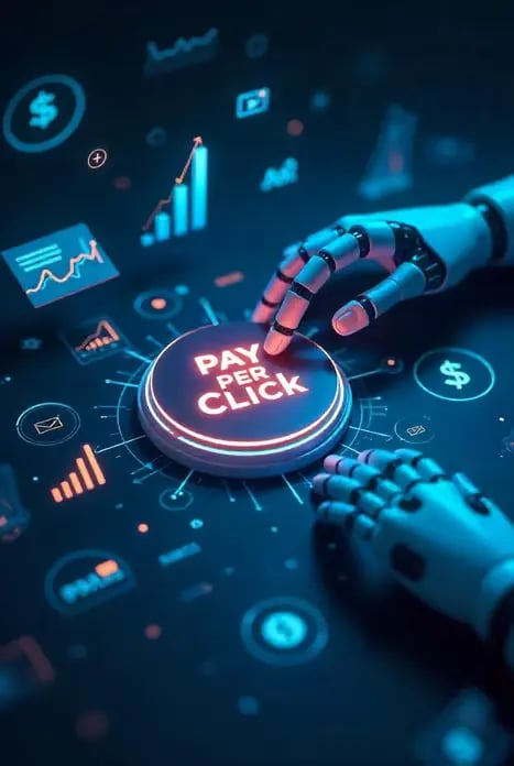 A robot hand is clicking on pay per click button