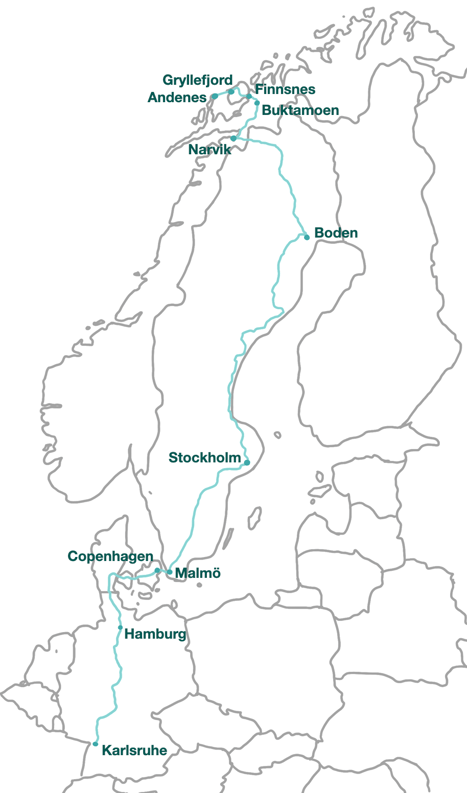 Complete train travel map from Karlsruhe, Germany to Andenes, Vesterålen, Norway