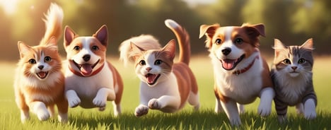 a group of cats and dogs running in the grass