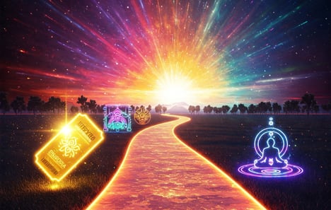 Abstract futuristic path with glowing symbols, representing upcoming wellness events
