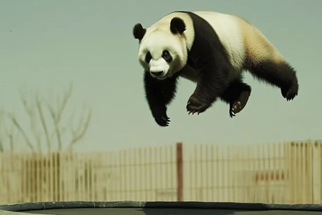 a panda bear jumping on a trampoline 