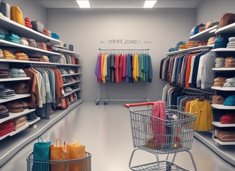 A shopping cart is placed on a tiled floor in front of a modern wall with vertical lines and glowing circular lights resembling exclamation marks. The overall setting is minimalist with a monochrome color scheme.