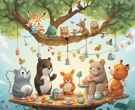 a group of animals sitting on a tree stump