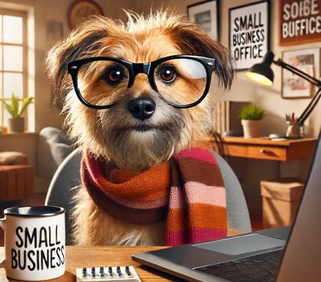 cartoon business dog in glasses and scarf sitting at a desk with laptop