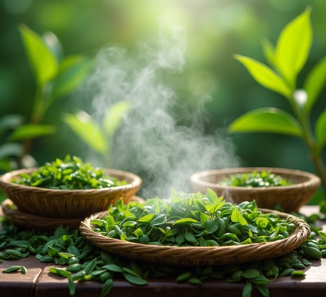 a bunch of small baskets with leaves and a steaming up steam