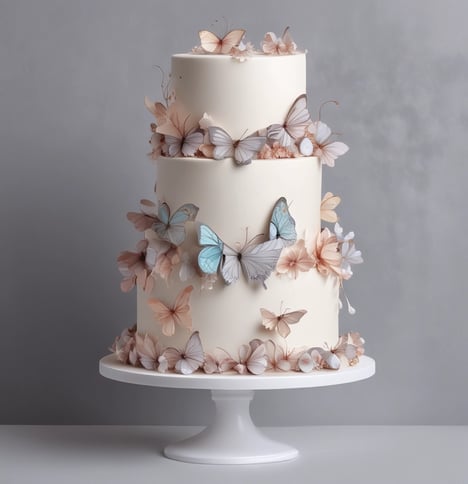 A two-tiered cake adorned with delicate, metallic butterfly decorations. The cake has a pastel peach color with artistic splotches of orange and pink. The top tier features a golden 'One' topper, indicating a first birthday celebration. Decorative pearls encircle the base of the cake.