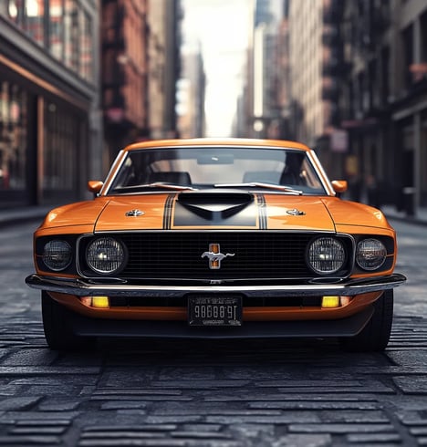 Een Ford Musting eerste editie in een stad uit 1970